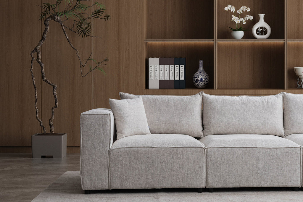 Canapé Elégance Chenille Modulable Blanc cassé 3+1 Pouf